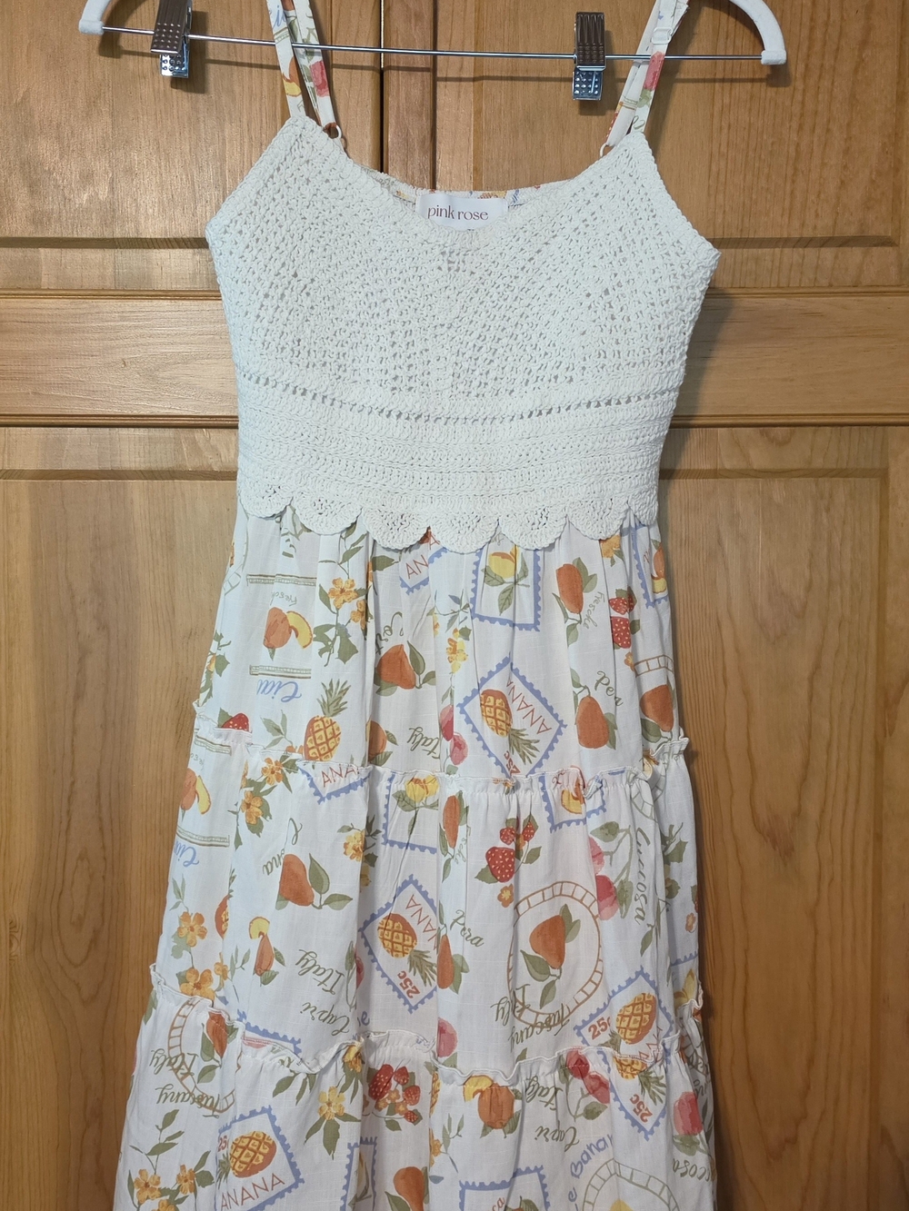Pink Rose Girls' White Crochet Bodice Fruit Print Sundress New w/o Tags